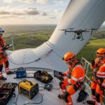 Professional wind turbine technicians performing high-altitude maintenance on a nacelle at a large-scale wind farm.