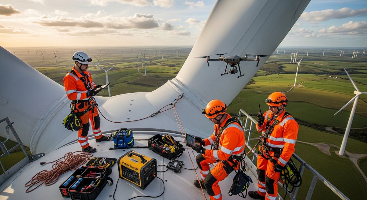 Professional wind turbine technicians performing high-altitude maintenance on a nacelle at a large-scale wind farm.