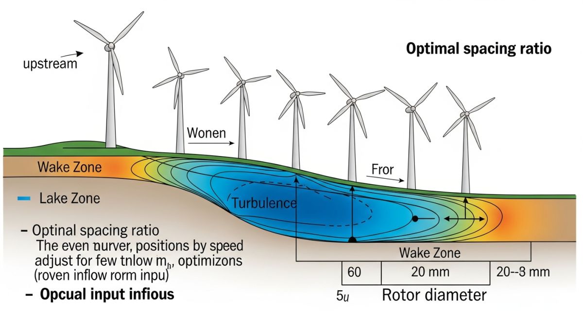 Technical diagram illustrating wind turbine wake effect and turbulence intensity zones.