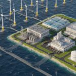 Industrial offshore wind farm connected to a green hydrogen electrolysis plant for renewable energy storage.