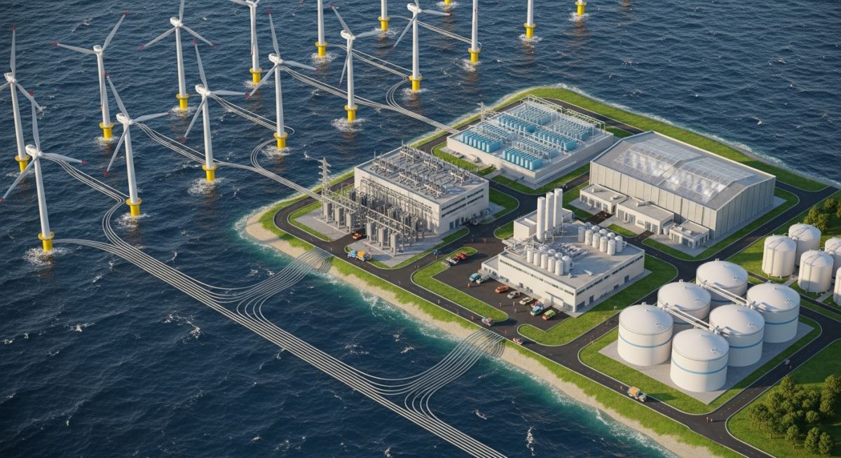 Industrial offshore wind farm connected to a green hydrogen electrolysis plant for renewable energy storage.