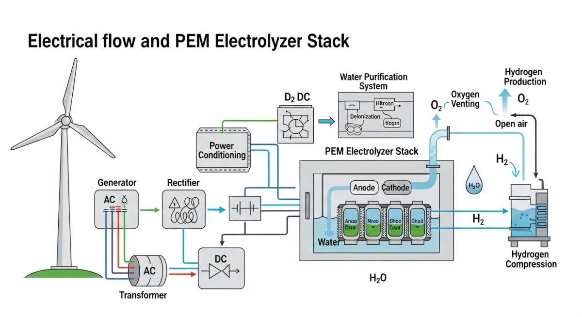 Technical schematic of wind-to-hydrogen power coupling