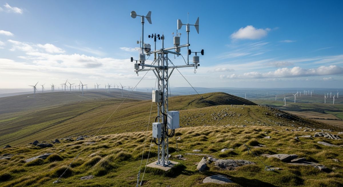 Professional meteorological mast installation for wind resource assessment on a remote project site.