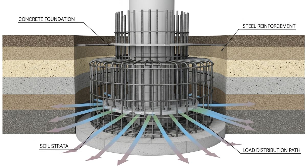 Cross-section diagram of a reinforced concrete gravity foundation for an onshore wind turbine showing steel rebar cage and anchor bolts.