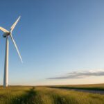 Utility-scale horizontal axis wind turbine standing in an open field representing modern renewable energy infrastructure.