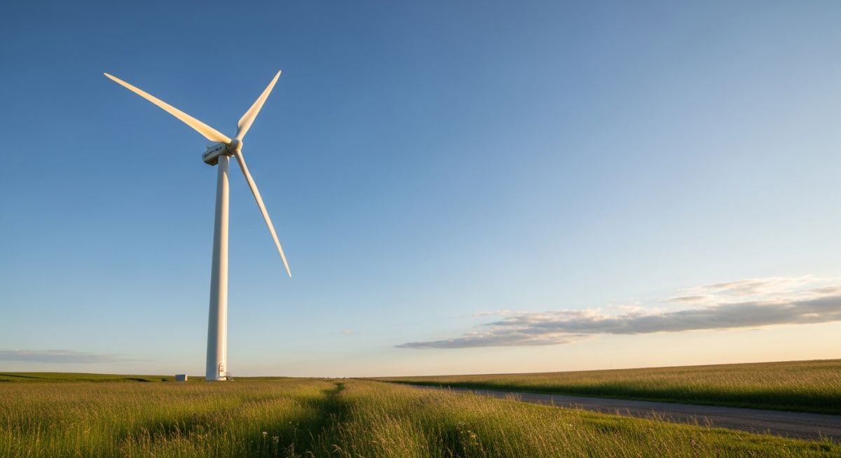Utility-scale horizontal axis wind turbine standing in an open field representing modern renewable energy infrastructure.