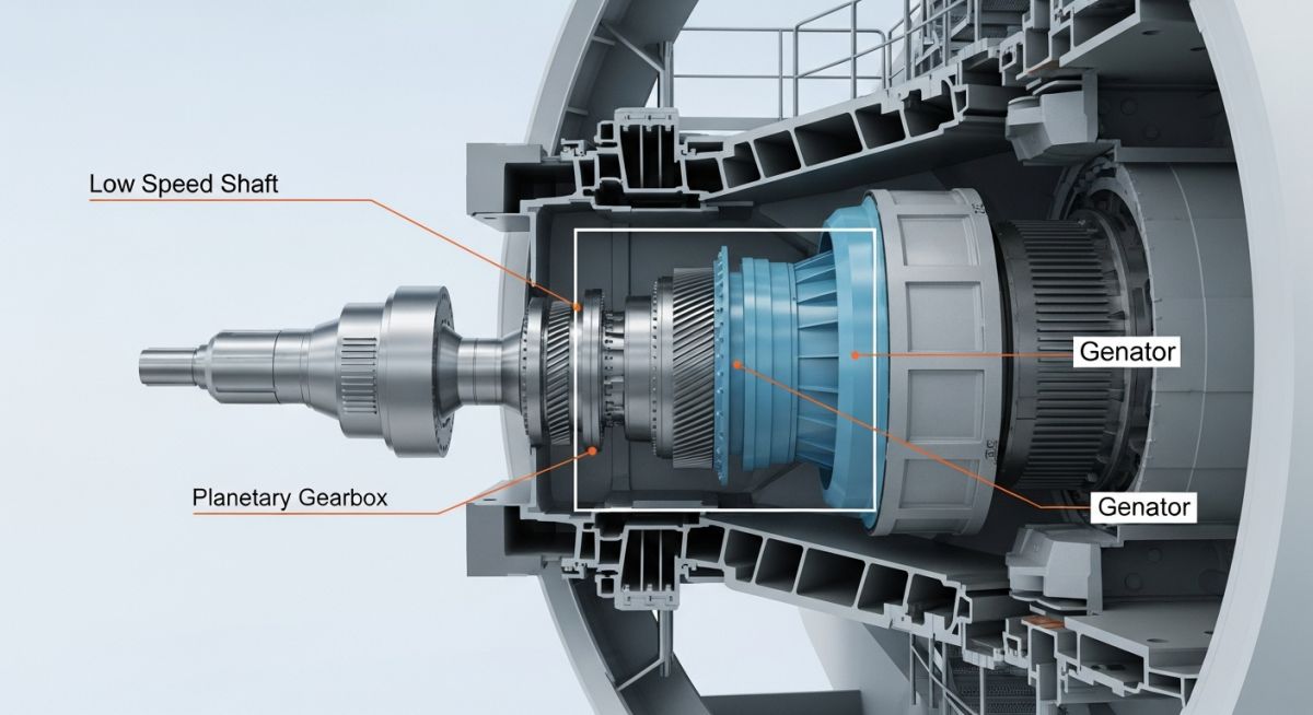 Cross-section engineering diagram of a utility-scale wind turbine nacelle highlighting the generator and drivetrain components.