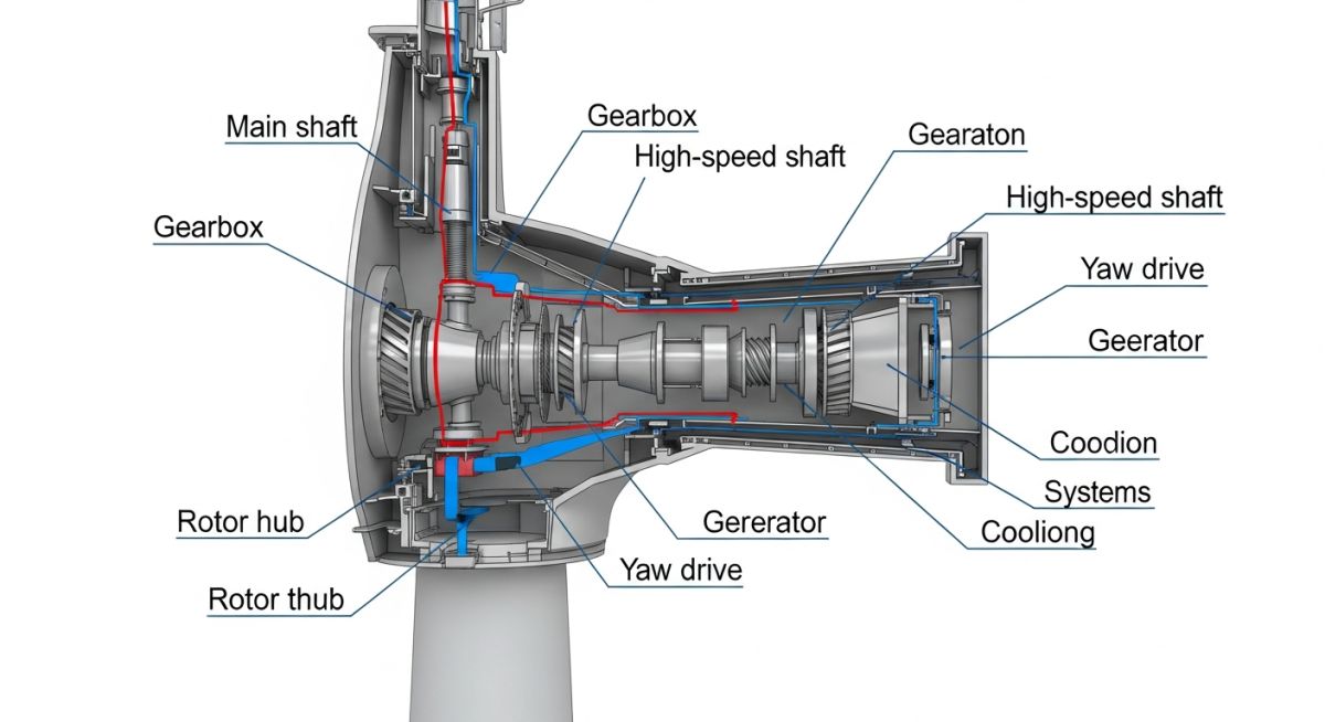 Detailed technical schematic of wind turbine nacelle internal components.