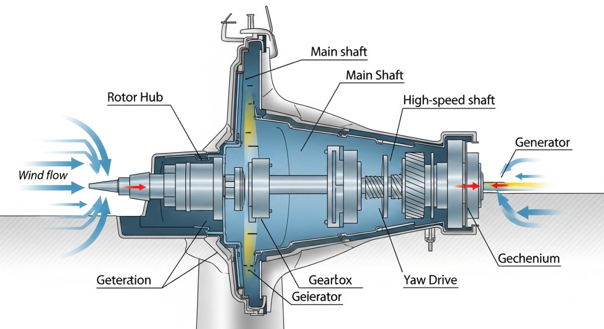 Technical diagram of wind turbine power conversion and aerodynamic forces.