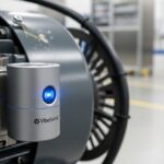 Wireless vibration sensor mounted on an industrial electric motor for condition monitoring.