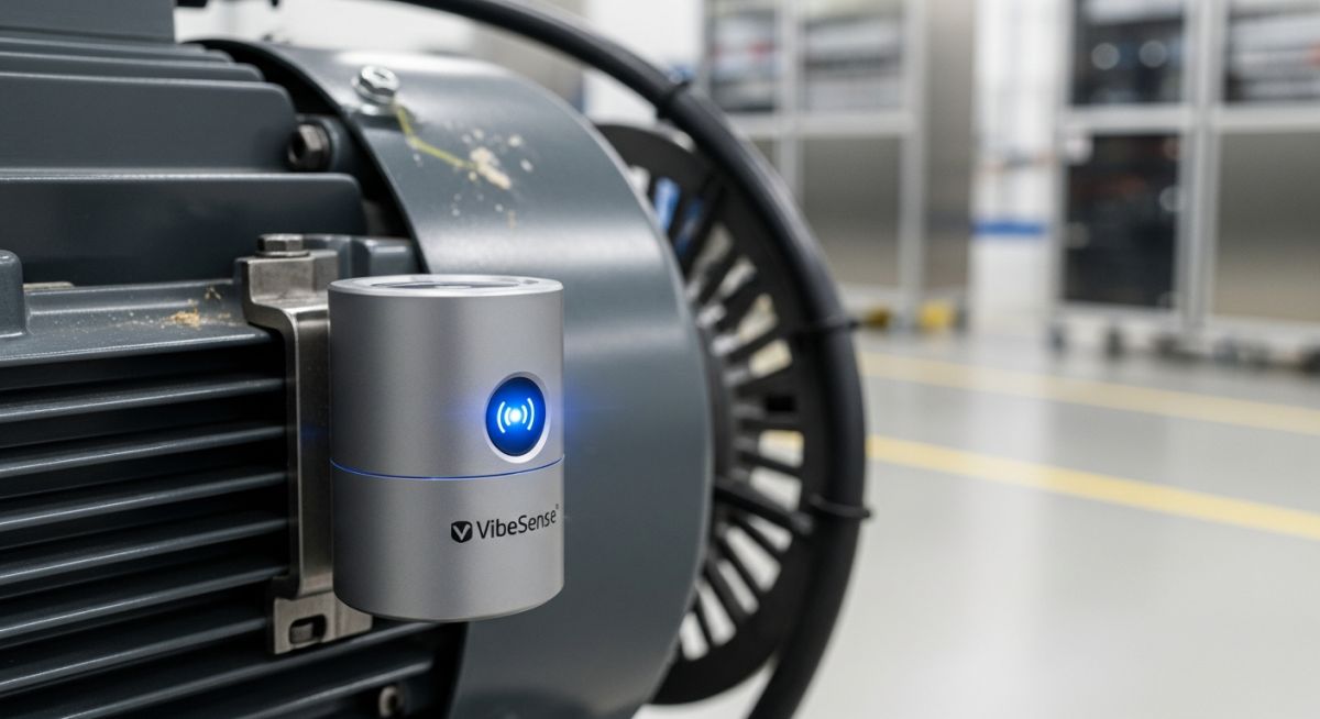 Wireless vibration sensor mounted on an industrial electric motor for condition monitoring.