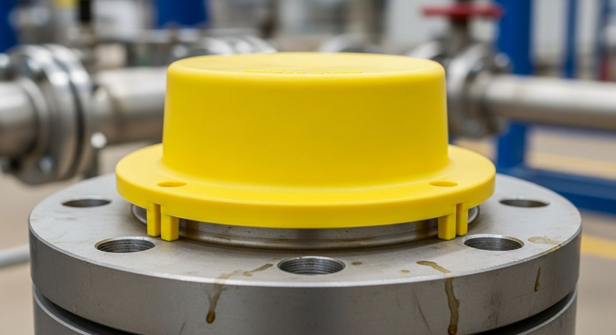 A yellow plastic pipe flange protector installed on a steel pipe flange.