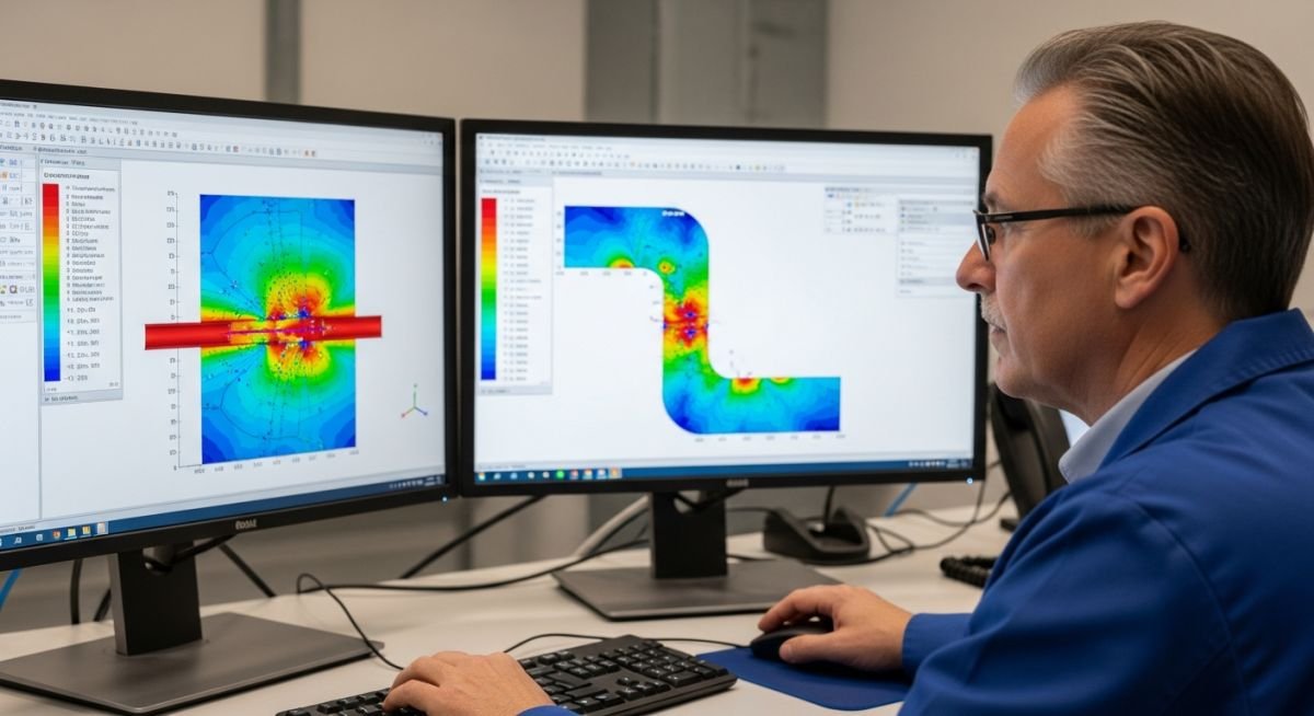 Senior piping engineer analyzing a complex Caesar II stress model on a dual-monitor workstation in a professional office setting.